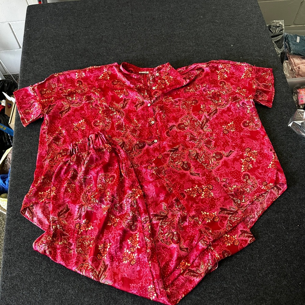 Intimately Free People Red Floral Paisley Pajama Set Top & Wide Leg Pants Size M